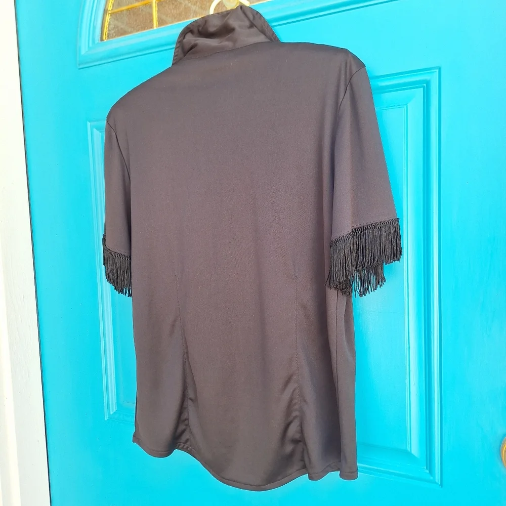 Vintage Blouse Fringe Sleeves Button Down Fitted Top Exagerated Flowy Trim M - Picture 7 of 17